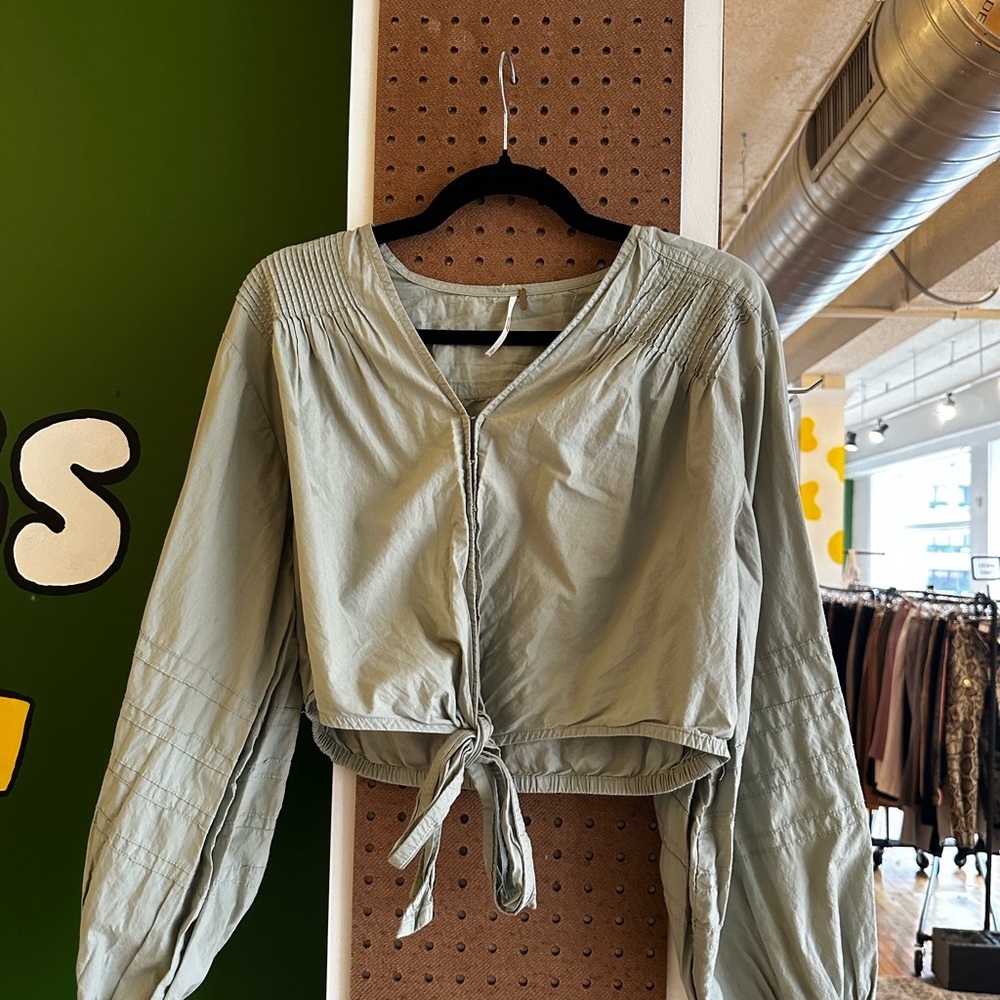 Free People Light Green Tie-Front Blouse